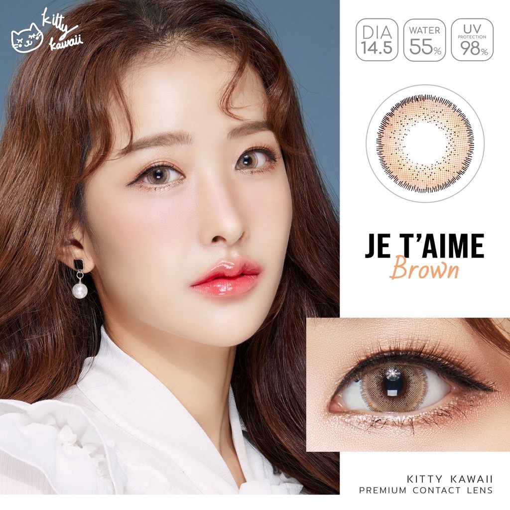 Kitty Kawaii Je t'aime Brown colored contacts for dark eyes deliver a dolly effect with a warm brown tone that makes your eyes appear larger.