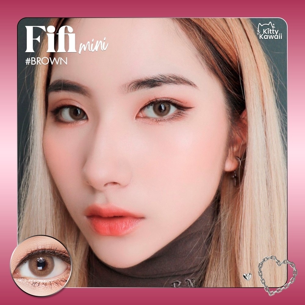 Kitty Kawaii Fifi Brown monthly colored contacts enhance dark eyes with a soft limbal ring and warm brown blend for a natural look. Available in powers 0.00 to -10.00