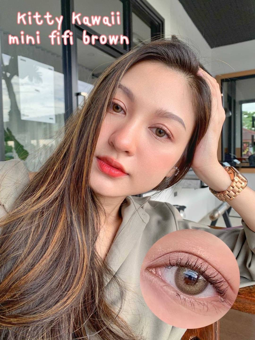 Kitty Kawaii Fifi Brown monthly colored contacts enhance dark eyes with a soft limbal ring and warm brown blend for a natural look. Available in powers 0.00 to -10.00