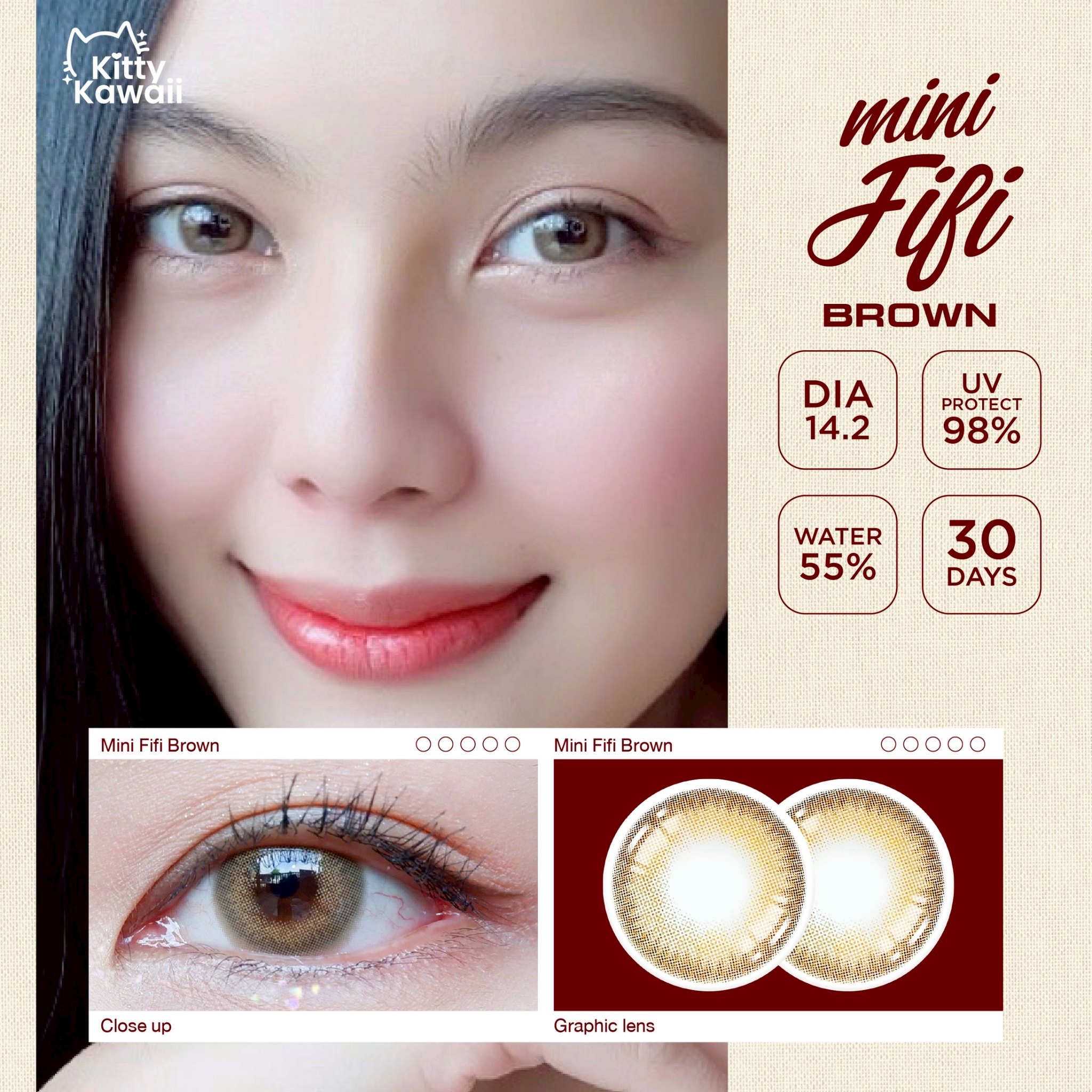 Kitty Kawaii Fifi Brown monthly colored contacts enhance dark eyes with a soft limbal ring and warm brown blend for a natural look. Available in powers 0.00 to -10.00