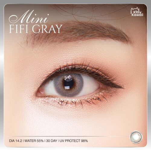 Kitty Kawaii Fifi Gray monthly colored contacts enhance dark eyes with a soft limbal ring and natural gray blend for a realistic look. Powers 0.00 to -10.00.