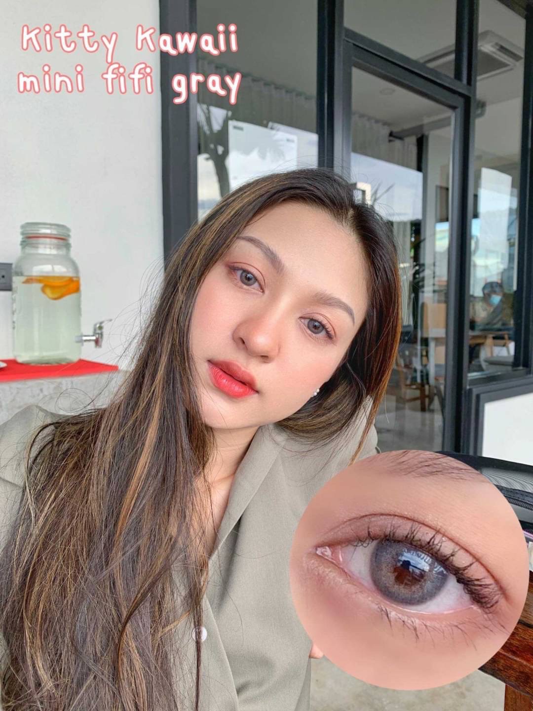 Kitty Kawaii Fifi Gray monthly colored contacts enhance dark eyes with a soft limbal ring and natural gray blend for a realistic look. Powers 0.00 to -10.00.