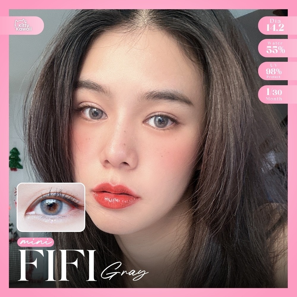 Kitty Kawaii Fifi Gray monthly colored contacts enhance dark eyes with a soft limbal ring and natural gray blend for a realistic look. Powers 0.00 to -10.00.
