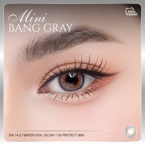 Kitty Kawaii Bang Gray monthly colored contacts enhance dark eyes with a soft limbal ring and subtle gray tint for a natural look. Powers 0.00 to -10.00.