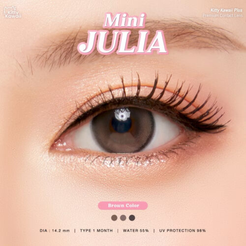 Kitty Kawaii Julia Brown monthly colored contacts enhance dark eyes with a rich brown shade and smooth blend for a bold yet natural look. Available in powers 0.00 to -10.00