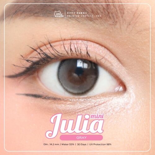 Kitty Kawaii Julia Gray monthly colored contacts enhance dark eyes with a dramatic gray shade and smooth blend for a bold yet natural look. Available in powers 0.00 to -10.00