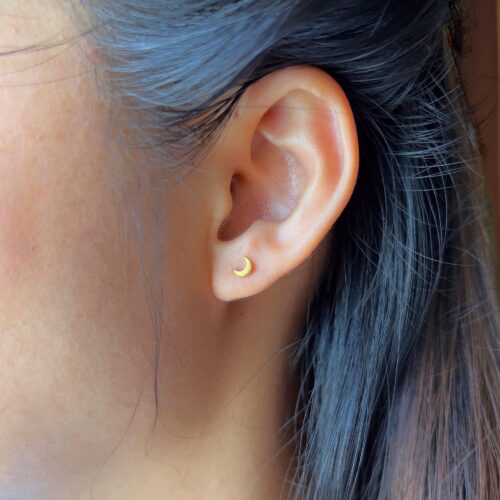 Moon Gold Earrings, 20K Solid Gold Earrings, Dainty Gold Earrings