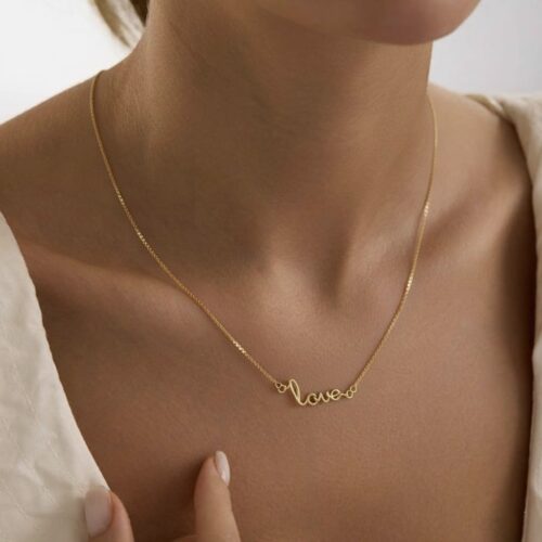 22K solid gold Love pendant necklace in 96.5% real gold. Elegant script design with dainty chain, minimalist romantic jewelry, perfect meaningful gift.