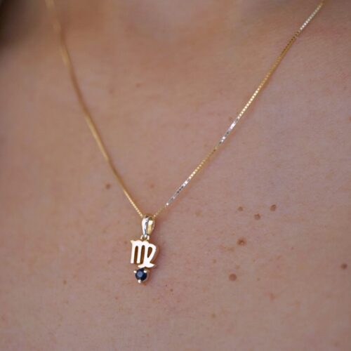 Virgo and Blue Sapphire Pendant, 10K Solid Gold, Dainty Gold Necklace