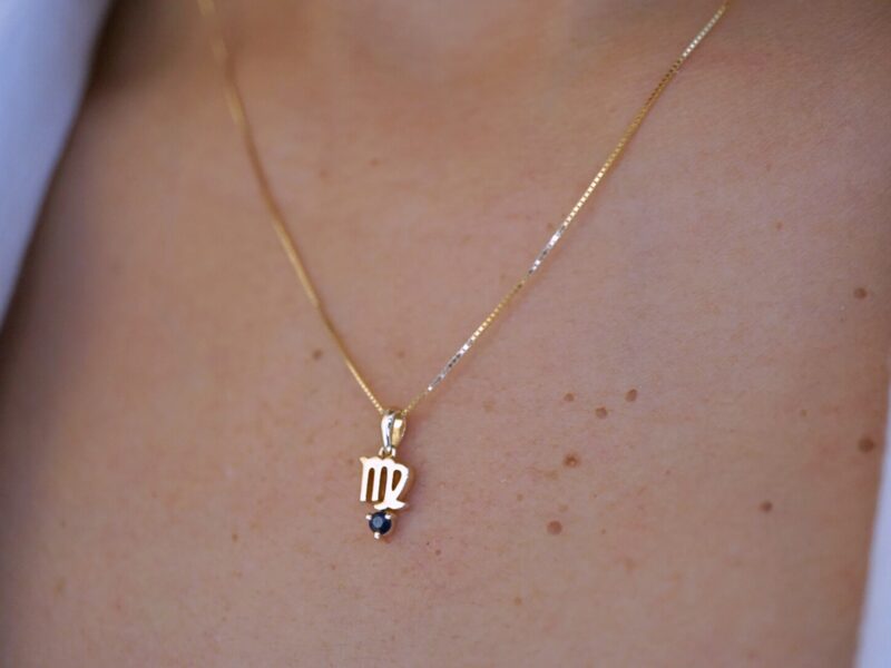 Virgo and Blue Sapphire Pendant, 10K Solid Gold, Dainty Gold Necklace