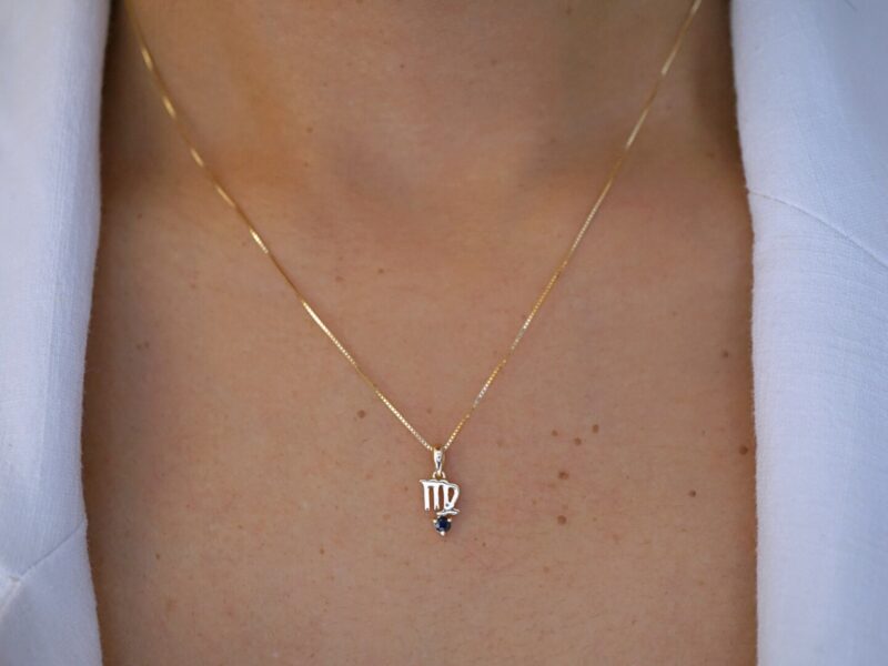 Virgo and Blue Sapphire Pendant, 10K Solid Gold, Dainty Gold Necklace - Image 2