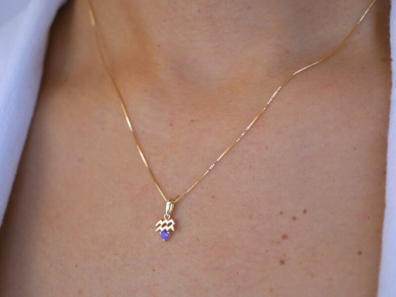 Aquarius with Amethyst Pendant, 10K Solid Gold, Dainty Gold Necklace