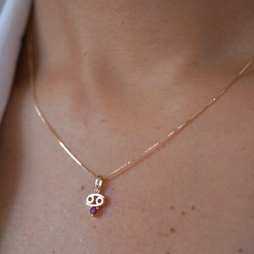 Cancer with Ruby Pendant, 10K Solid Gold, Dainty Gold Necklace