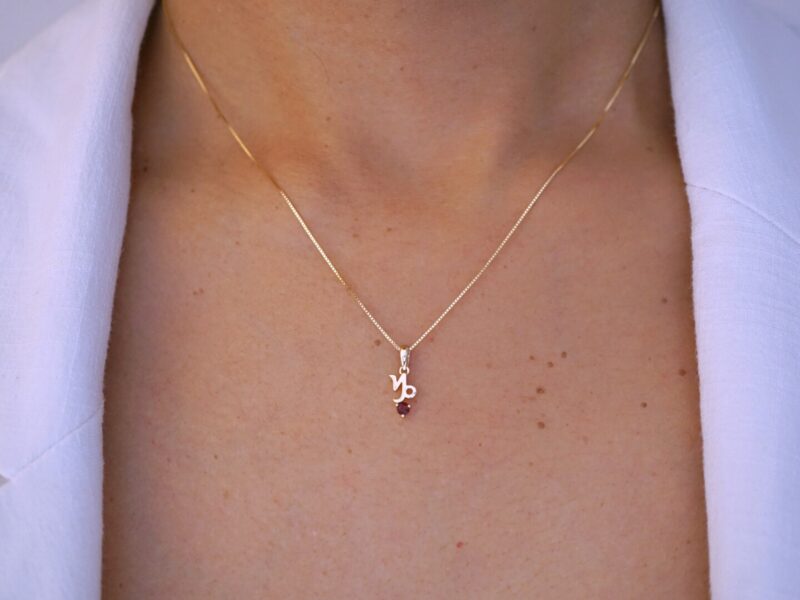 Capricorn with Garnet Pendant, 10K Solid Gold, Dainty Gold Necklace - Image 2
