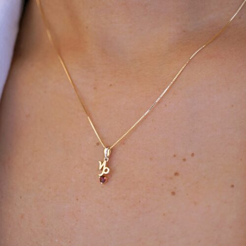 Capricorn with Garnet Pendant, 10K Solid Gold, Dainty Gold Necklace