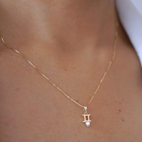 Gemini with Pearl Pendant, 10K Solid Gold, Dainty Gold Necklace