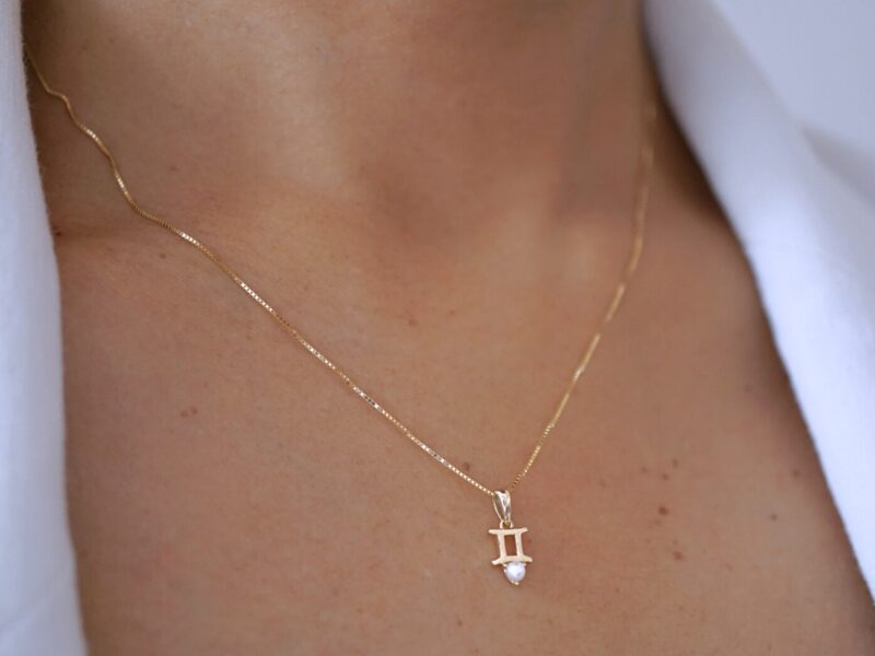 Gemini with Pearl Pendant, 10K Solid Gold, Dainty Gold Necklace
