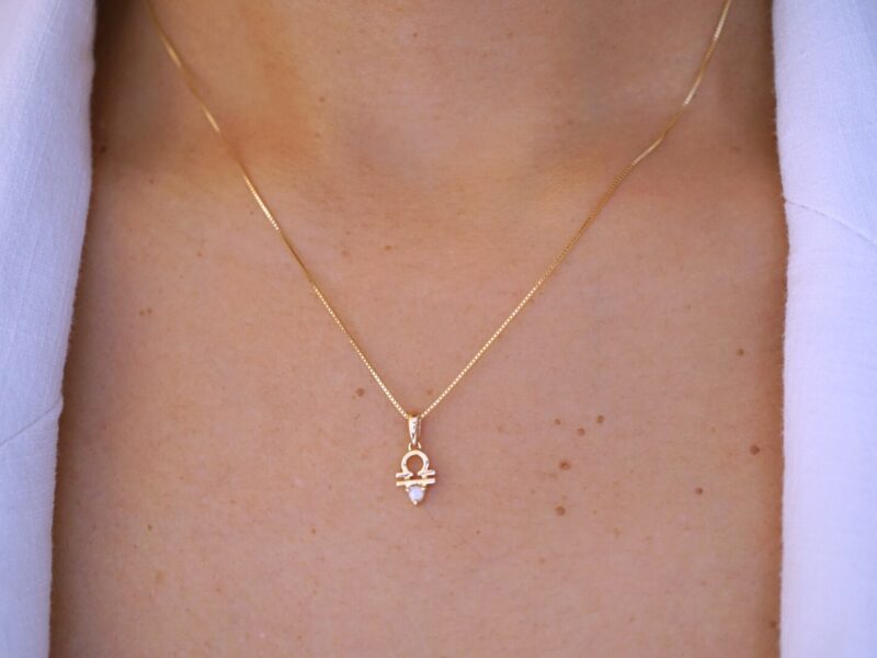 Libra with Opal Pendant, 10K Solid Gold, Dainty Gold Necklace - Image 2