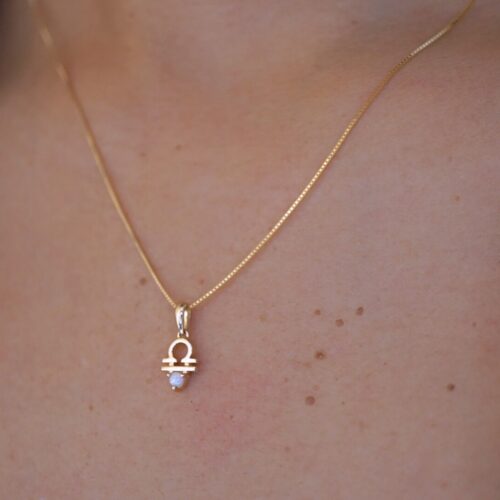 Libra with Opal Pendant, 10K Solid Gold, Dainty Gold Necklace