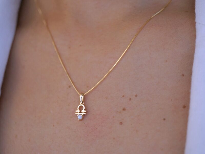 Libra with Opal Pendant, 10K Solid Gold, Dainty Gold Necklace
