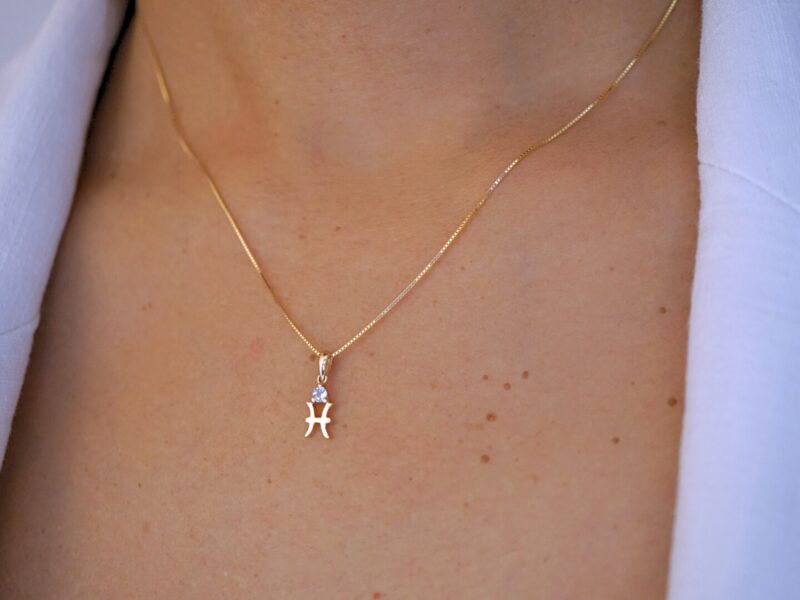 Pisces with Aquamarine Pendant, 10K Solid Gold, Dainty Gold Necklace - Image 2