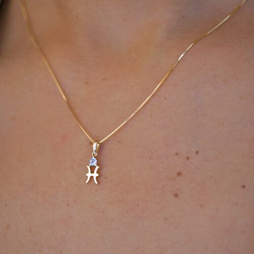 Pisces with Aquamarine Pendant, 10K Solid Gold, Dainty Gold Necklace