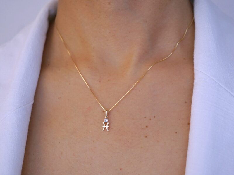 Pisces with Aquamarine Pendant, 10K Solid Gold, Dainty Gold Necklace - Image 4