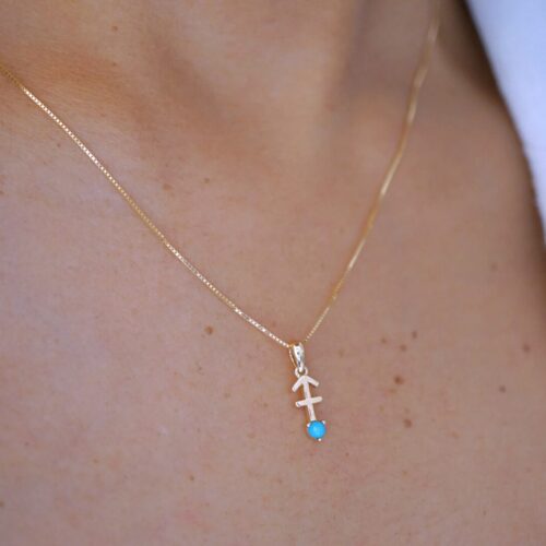 Sagittarius with Turquoise Pendant, 10K Solid Gold, Dainty Gold Necklace