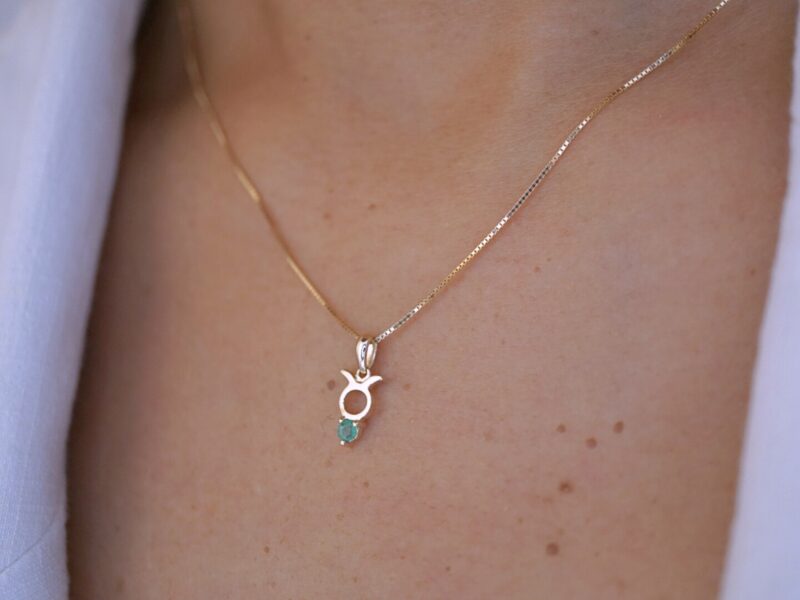 Taurus with Emerald Pendant, 10K Solid Gold, Dainty Gold Necklace - Image 2
