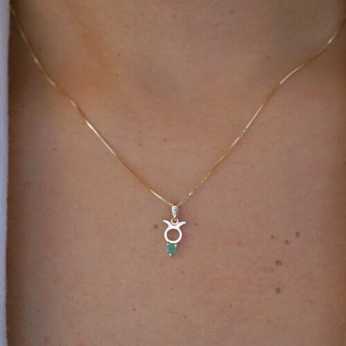 Taurus with Emerald Pendant, 10K Solid Gold, Dainty Gold Necklace