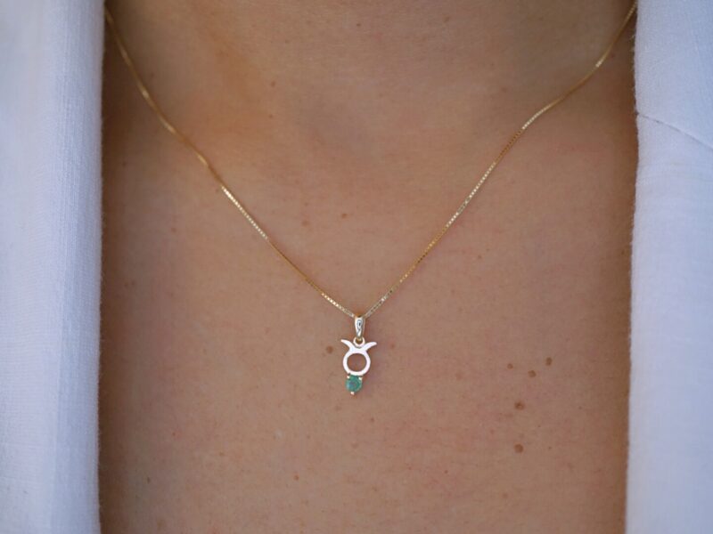 Taurus with Emerald Pendant, 10K Solid Gold, Dainty Gold Necklace