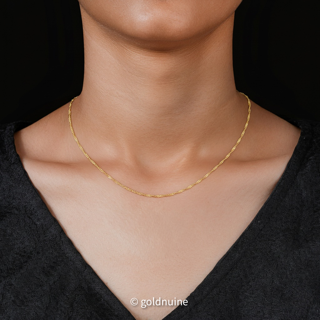 9K solid gold Singapore chain necklace in Au 375 real gold. Twisted rope design with radiant shine, dainty durable chain, perfect for layering wear.