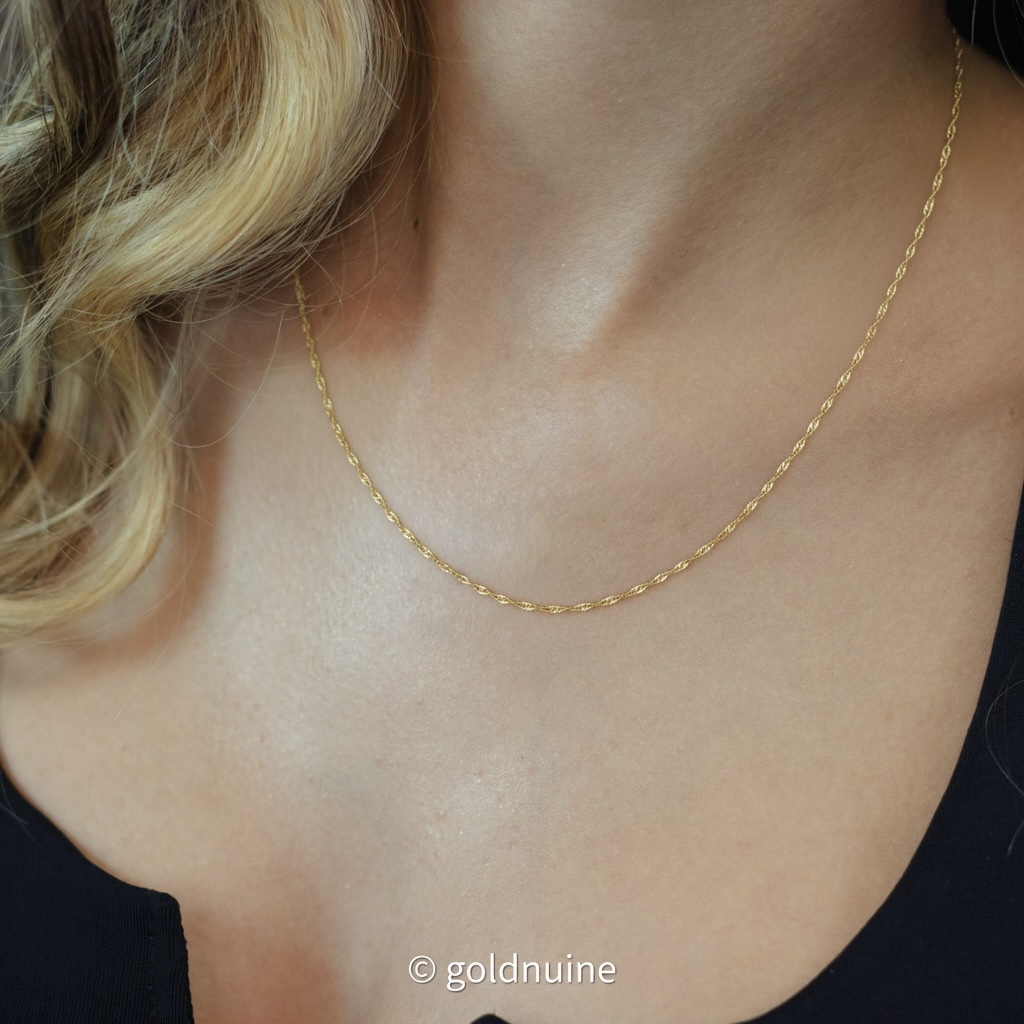9K solid gold Singapore chain necklace in Au 375 real gold. Twisted rope design with radiant shine, dainty durable chain, perfect for layering wear.