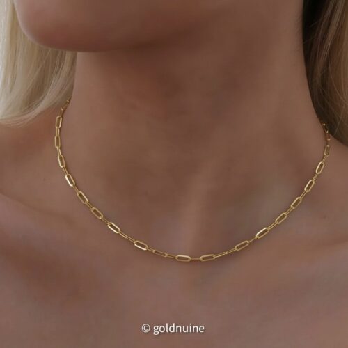 22K solid gold paperclip chain necklace in 96.5% real yellow gold. Modern unisex chain with elongated links, polished shine, perfect for daily wear or layering.