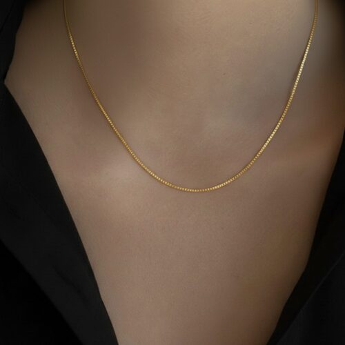 22K solid gold box chain necklace 1mm in 96.5% real gold. Minimalist dainty chain with polished shine, durable design, perfect for layering or daily wear.