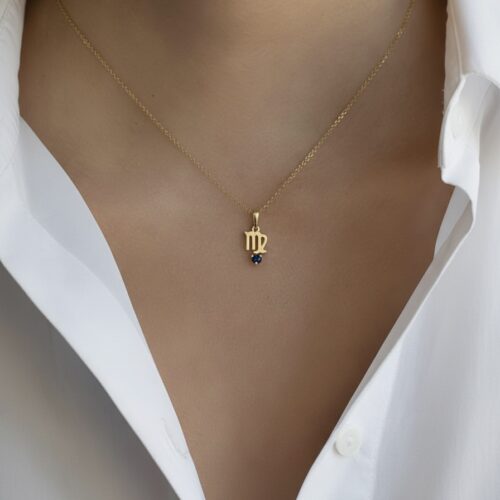10K solid gold Virgo pendant necklace with natural blue sapphire. Genuine Au 417 zodiac jewelry symbolizing wisdom, loyalty, and grace. Premium gift ready.