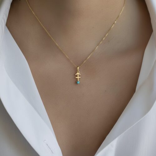 10K solid gold Sagittarius pendant necklace with natural turquoise. Genuine Au 417 zodiac jewelry symbolizing freedom, wisdom, and protection.