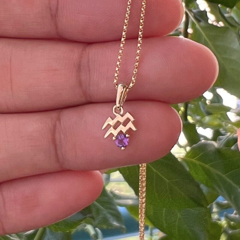Aquarius with Amethyst Pendant, 10K Solid Gold, Dainty Gold Necklace - Image 5