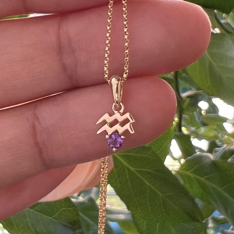 Aquarius with Amethyst Pendant, 10K Solid Gold, Dainty Gold Necklace - Image 6