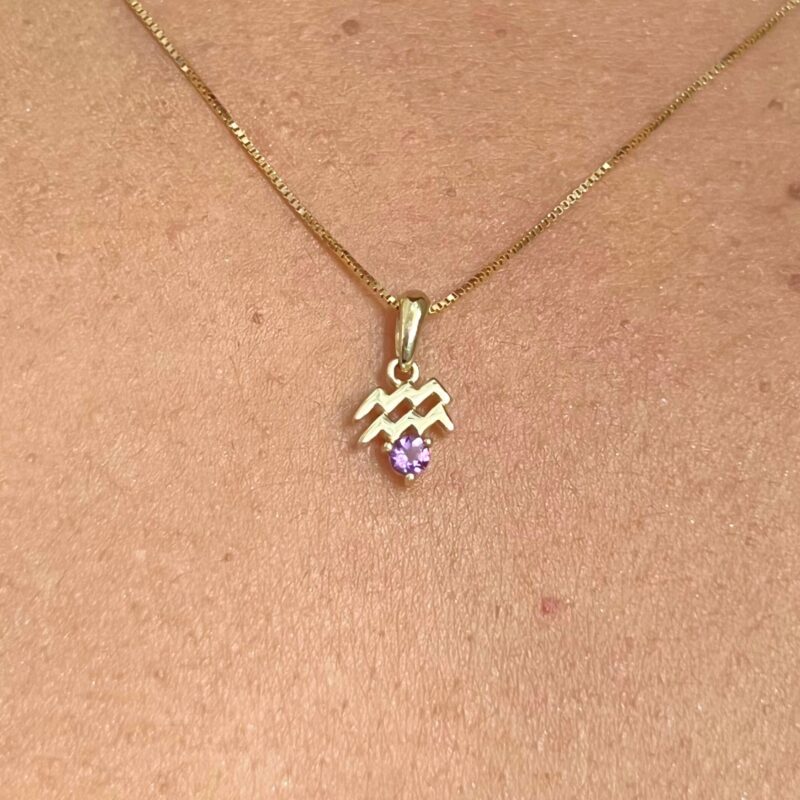Aquarius with Amethyst Pendant, 10K Solid Gold, Dainty Gold Necklace - Image 4
