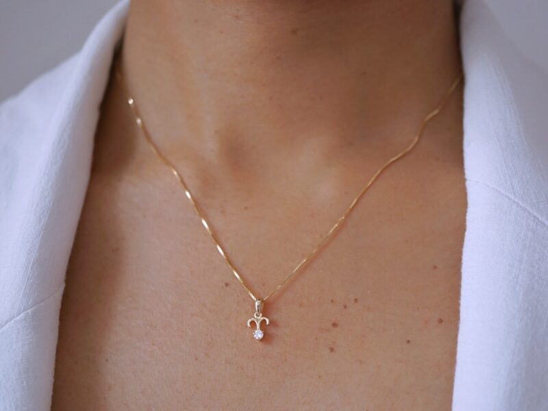 Aries with Diamond Pendant, 10K Solid Gold, Zodiac Sign Necklace - Image 2