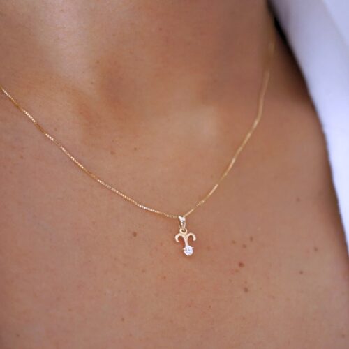 Aries with Diamond Pendant, 10K Solid Gold, Zodiac Sign Necklace