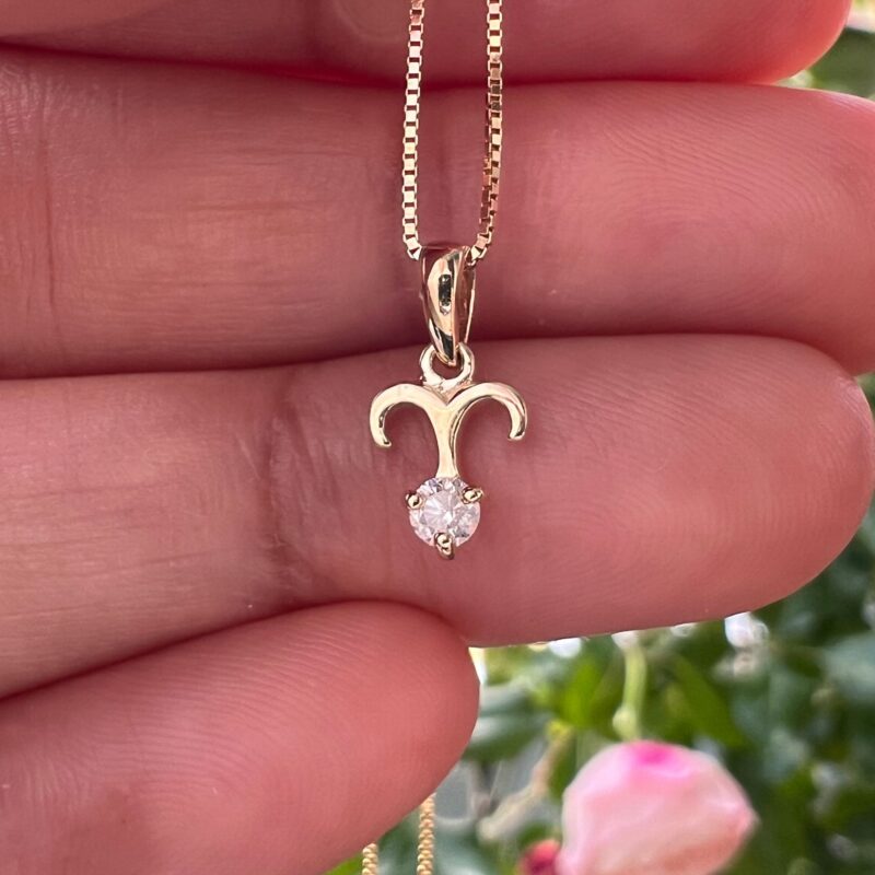 Aries with Diamond Pendant, 10K Solid Gold, Zodiac Sign Necklace - Image 4