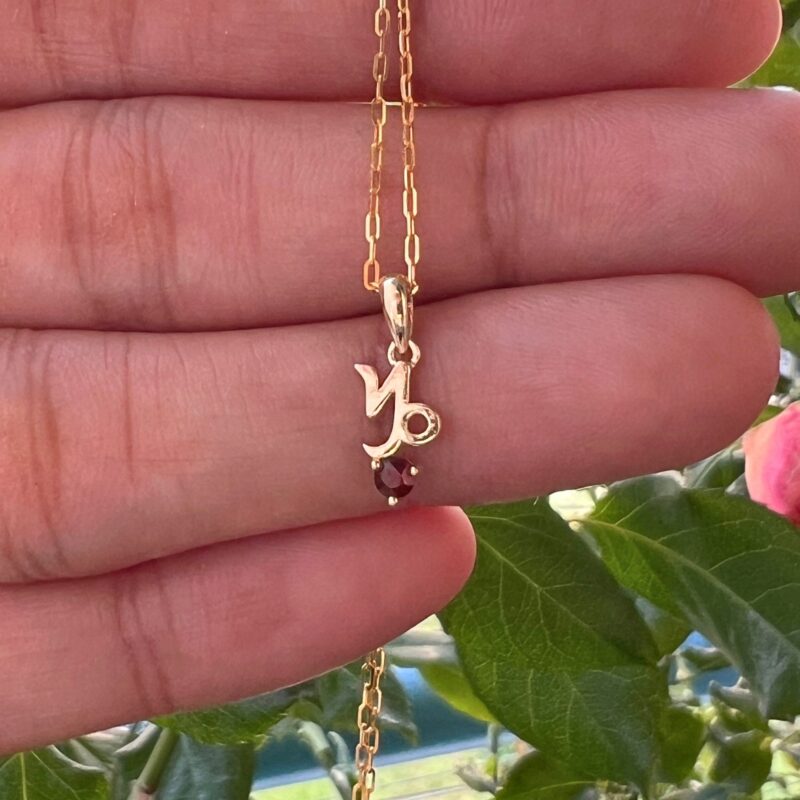 Capricorn with Garnet Pendant, 10K Solid Gold, Dainty Gold Necklace - Image 5