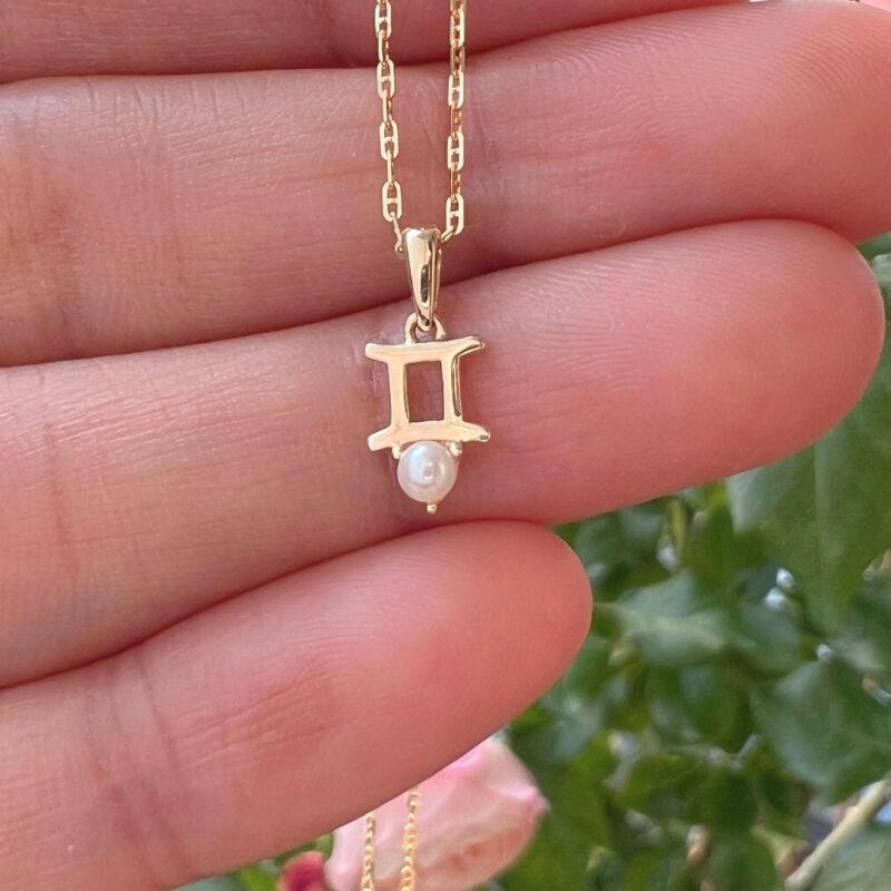 Gemini with Pearl Pendant, 10K Solid Gold, Dainty Gold Necklace - Image 4