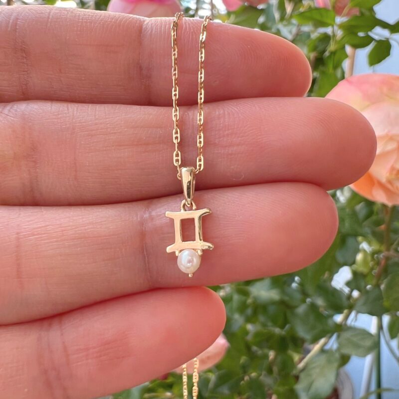Gemini with Pearl Pendant, 10K Solid Gold, Dainty Gold Necklace - Image 5