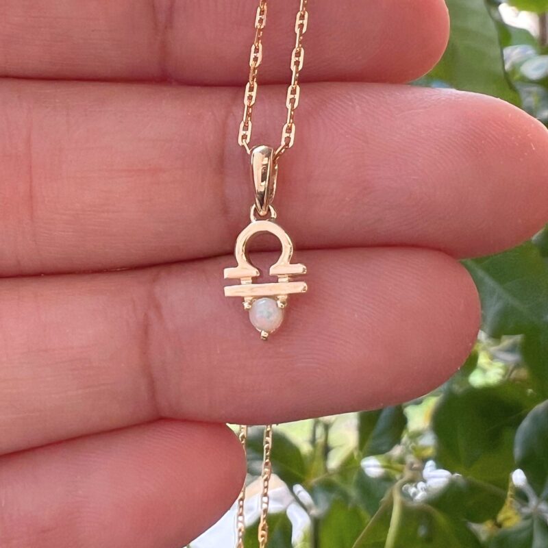 Libra with Opal Pendant, 10K Solid Gold, Dainty Gold Necklace - Image 6