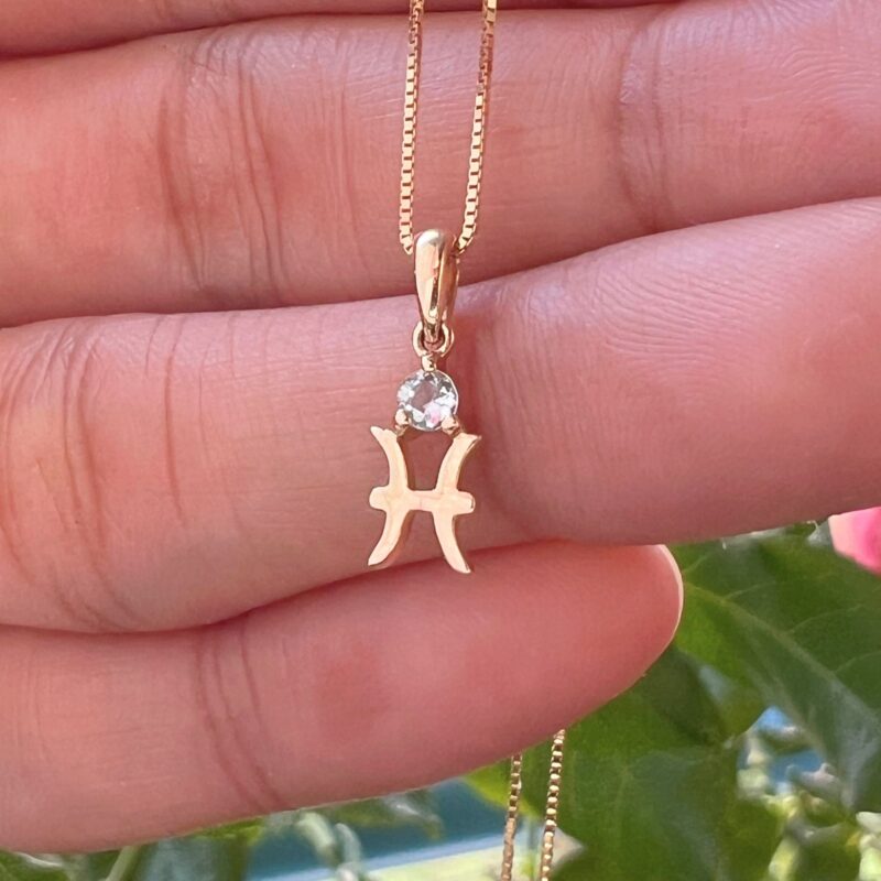 Pisces with Aquamarine Pendant, 10K Solid Gold, Dainty Gold Necklace - Image 7