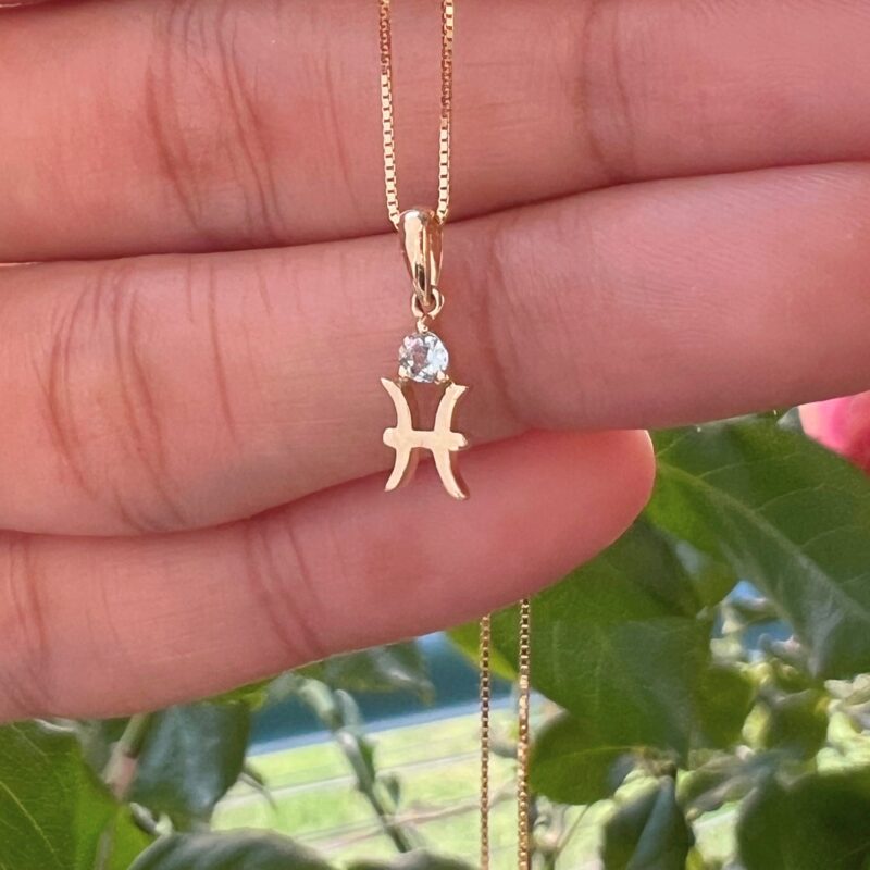 Pisces with Aquamarine Pendant, 10K Solid Gold, Dainty Gold Necklace - Image 5