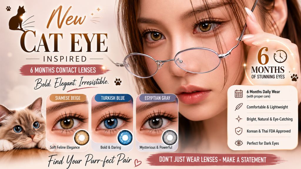 Uria cat eye colored contacts for dark eyes — Siamese Beige, Turkish Blue, Egyptian Gray. 6-month wear, Korean FDA registered. Prescription 0.00 to -10.00.
